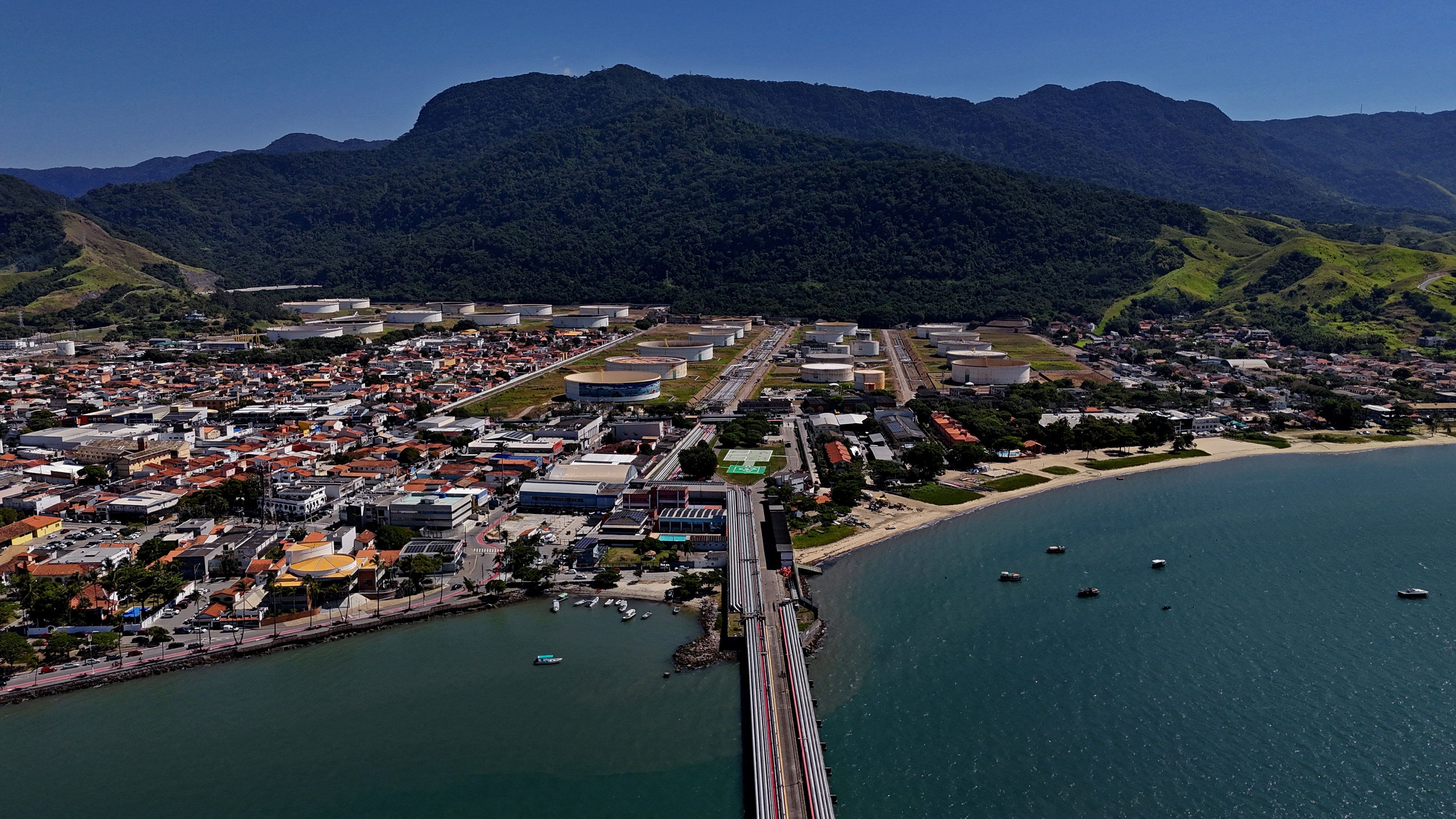 A drone view shows Petrobras distribution terminal in Sao Sebastiao.