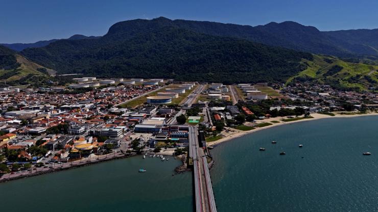 A drone view shows Petrobras distribution terminal in Sao Sebastiao.
