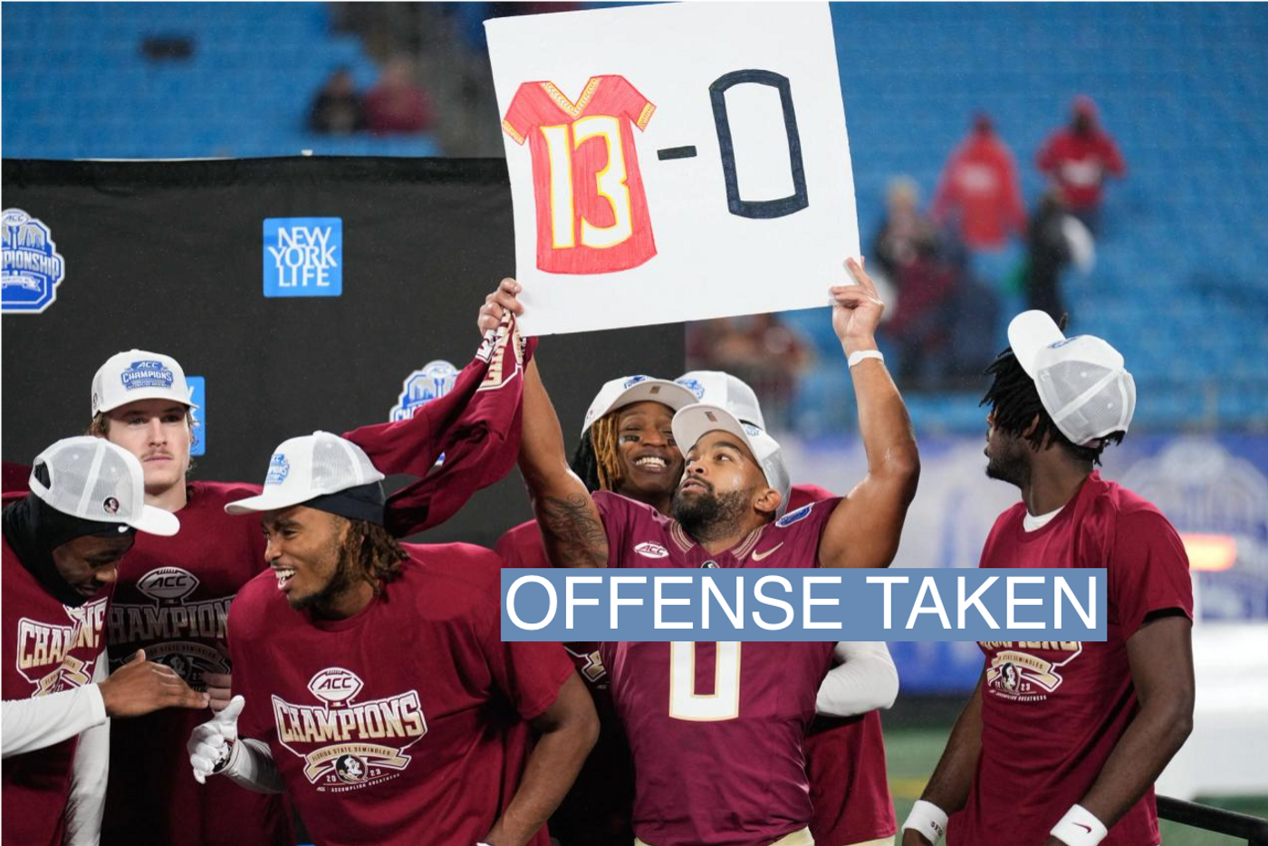 Florida State Seminoles wide receiver Ja'Khi Douglas (0) holds up a sign during the ACC Championship trophy presentation.