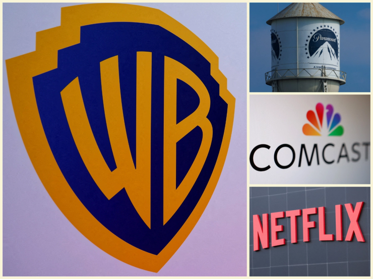 The logos of Warner Bros, Paramount, Comcast, and Netflix