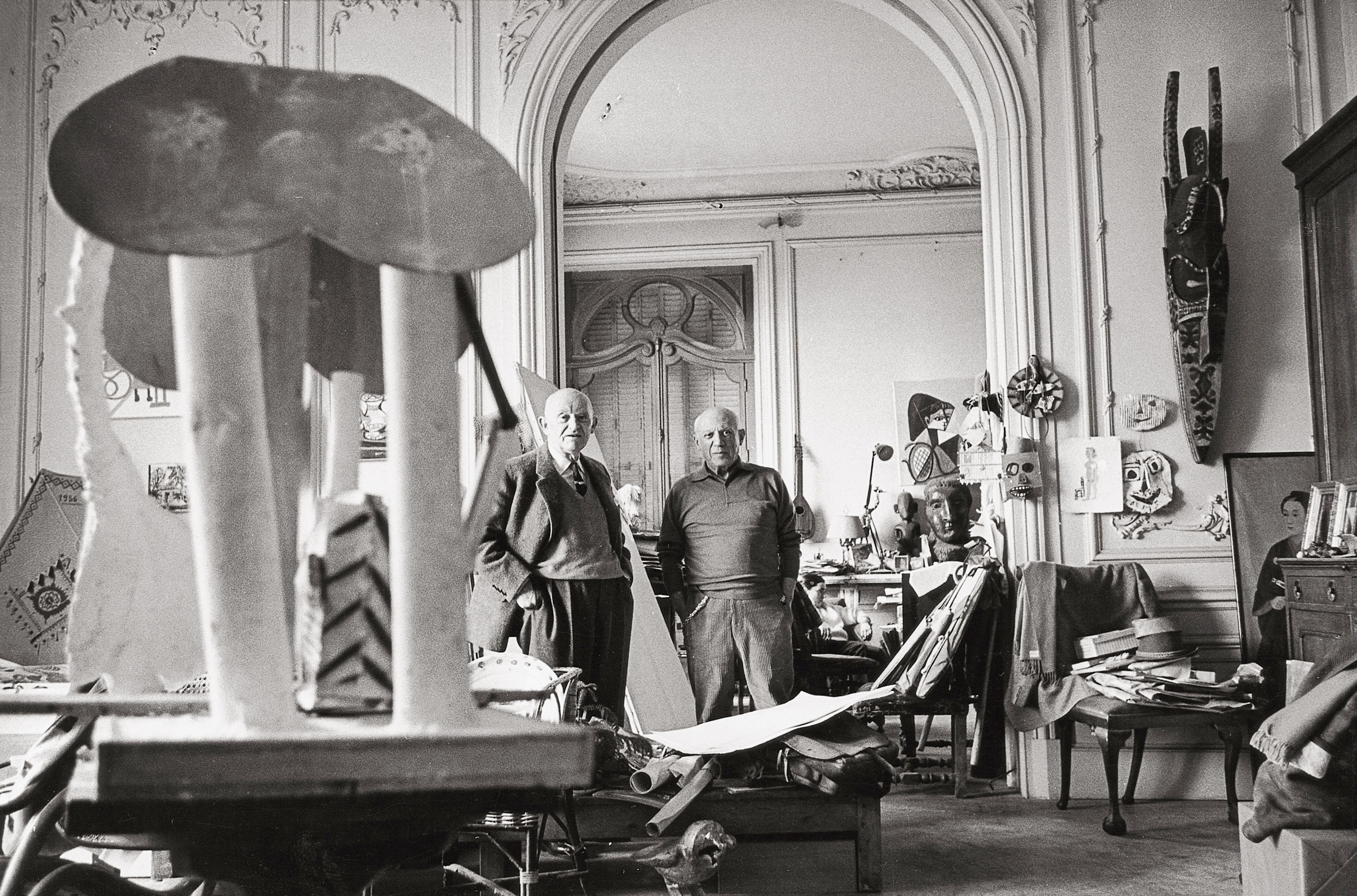 Pablo Picasso with his arts dealer Daniel-Henry Kahnweiler in Picasso’s Villa La Californie near Cannes.