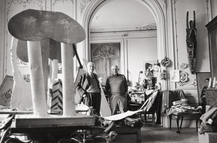 Pablo Picasso with his arts dealer Daniel-Henry Kahnweiler in Picasso’s Villa La Californie near Cannes.