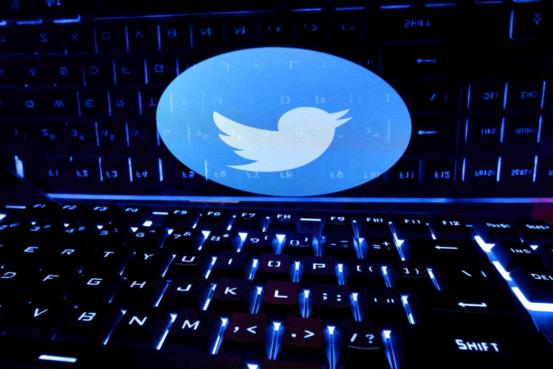 A keyboard is placed in front of a displayed Twitter logo.