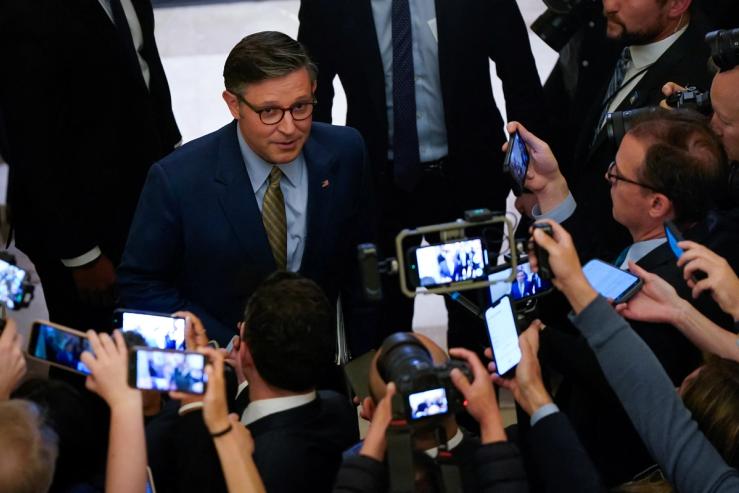 US House Speaker Mike Johnson, R-LA, speaks to reporters.