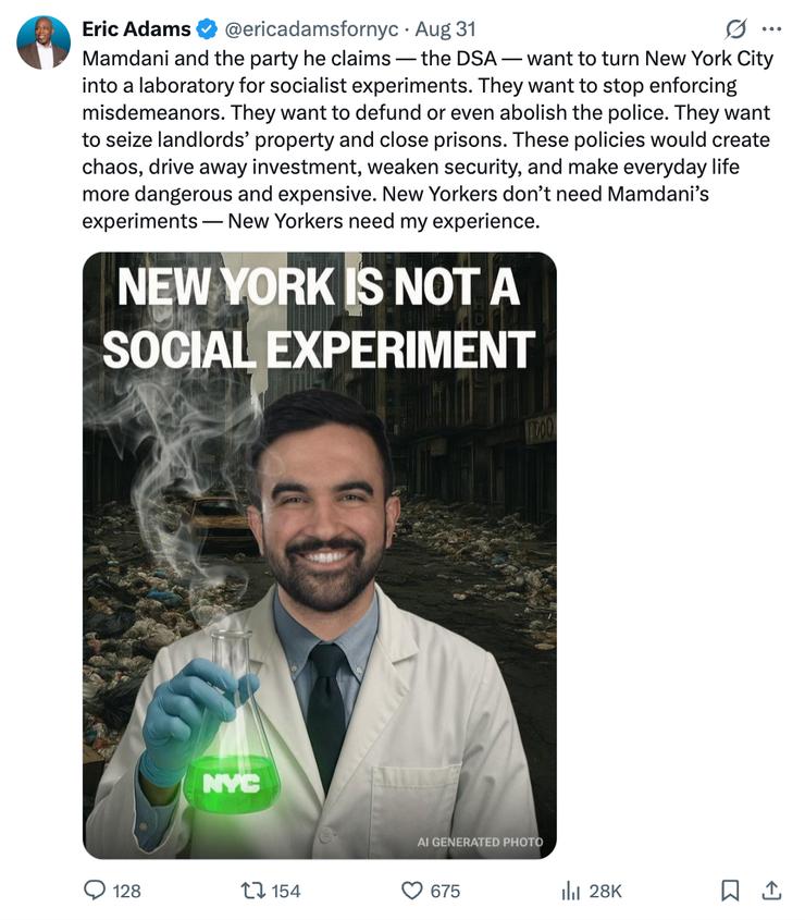 A screenshot of a post on X by Eric Adams.