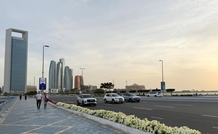 A promenade overlooking Abu Dhabi skyline.