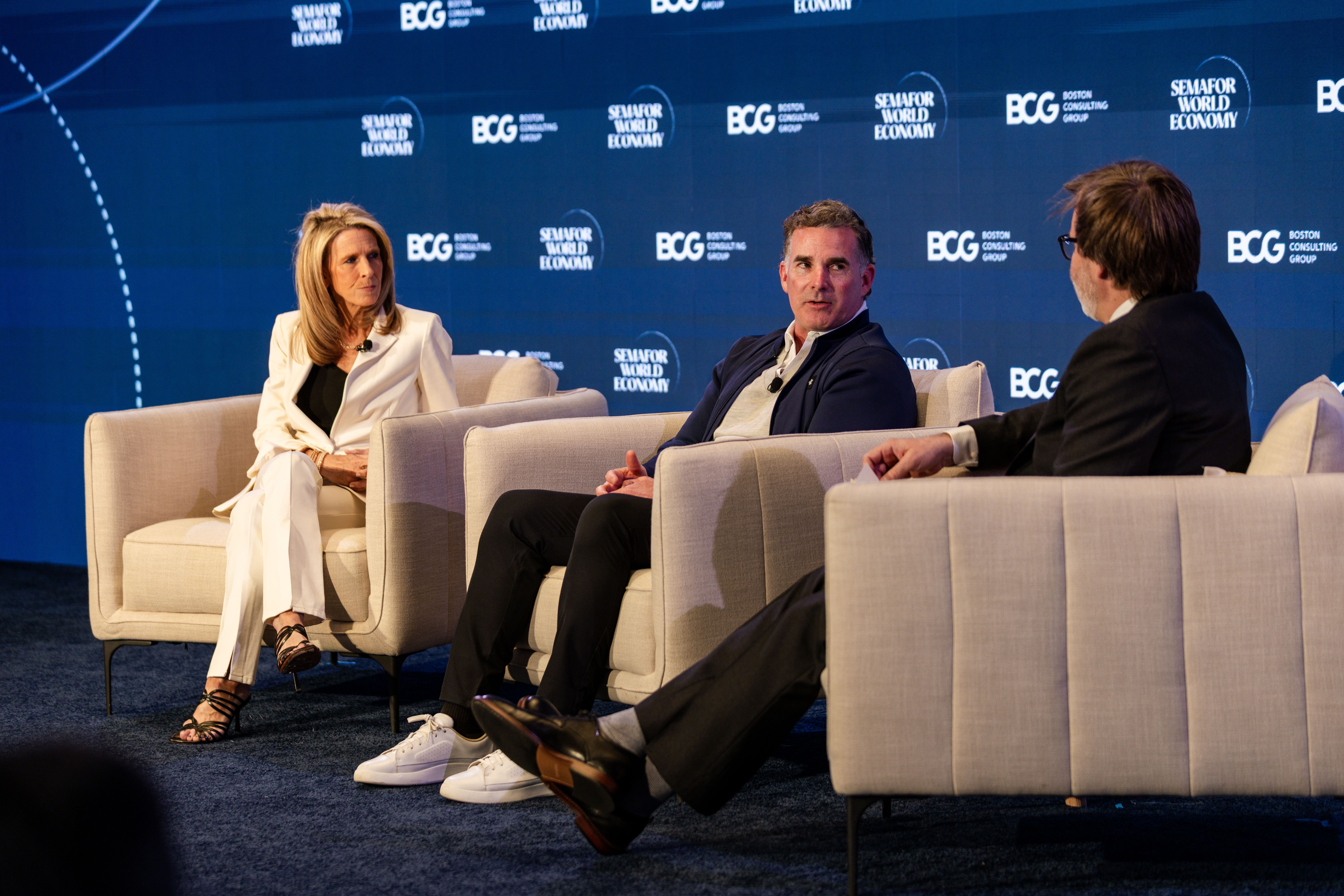 Amy Howe, FanDuel CEO, and Kevin Plank, Under Armour CEO, speak at Semafor World Economy 2026.