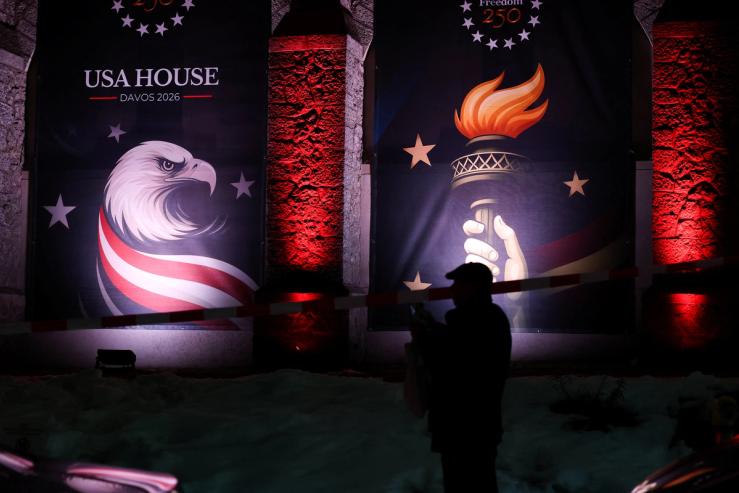 Banners at the USA House during the 56th annual World Economic Forum (WEF) meeting in Davos.