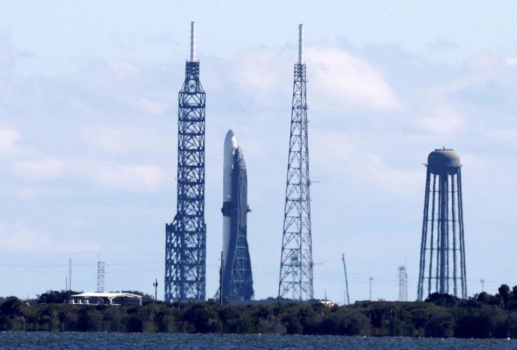 The Blue Origin rocket on a launchpad.