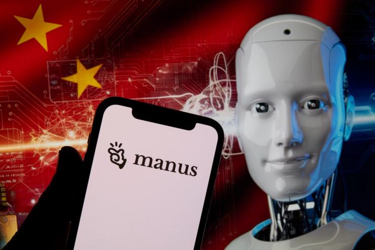 A smartphone screen displays the Manus AI logo, with a background featuring the Chinese flag and the word ″AI″ surrounded by blue flames.