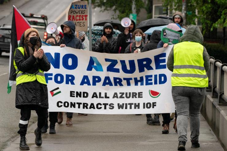 Demonstrators march in support of Palestinians in Gaza near the Microsoft Build conference.