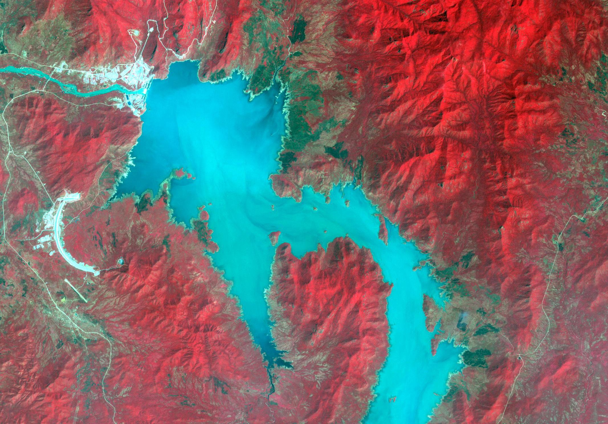 The Blue Nile River is seen as the Grand Ethiopian Renaissance Dam reservoir fills near the Ethiopia-Sudan border.