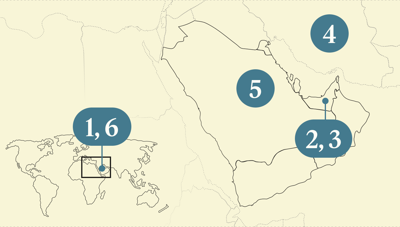 A numbered map of the Gulf region.