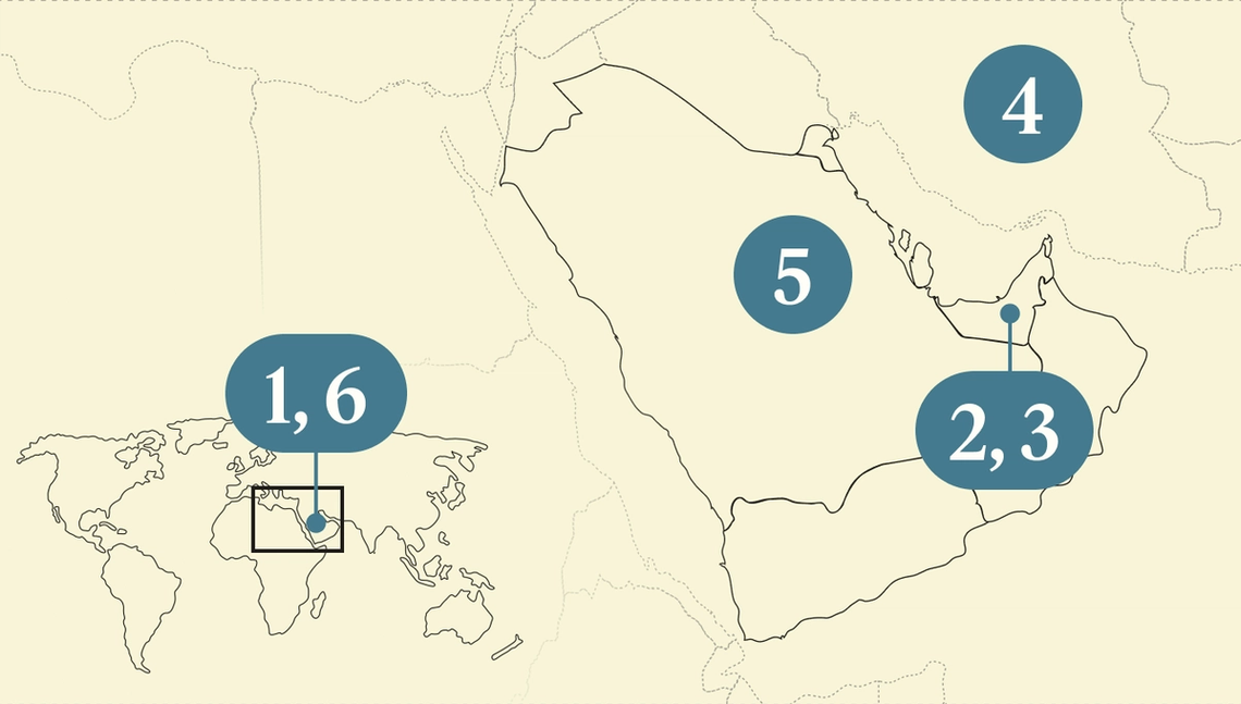 A numbered map of the Gulf region.