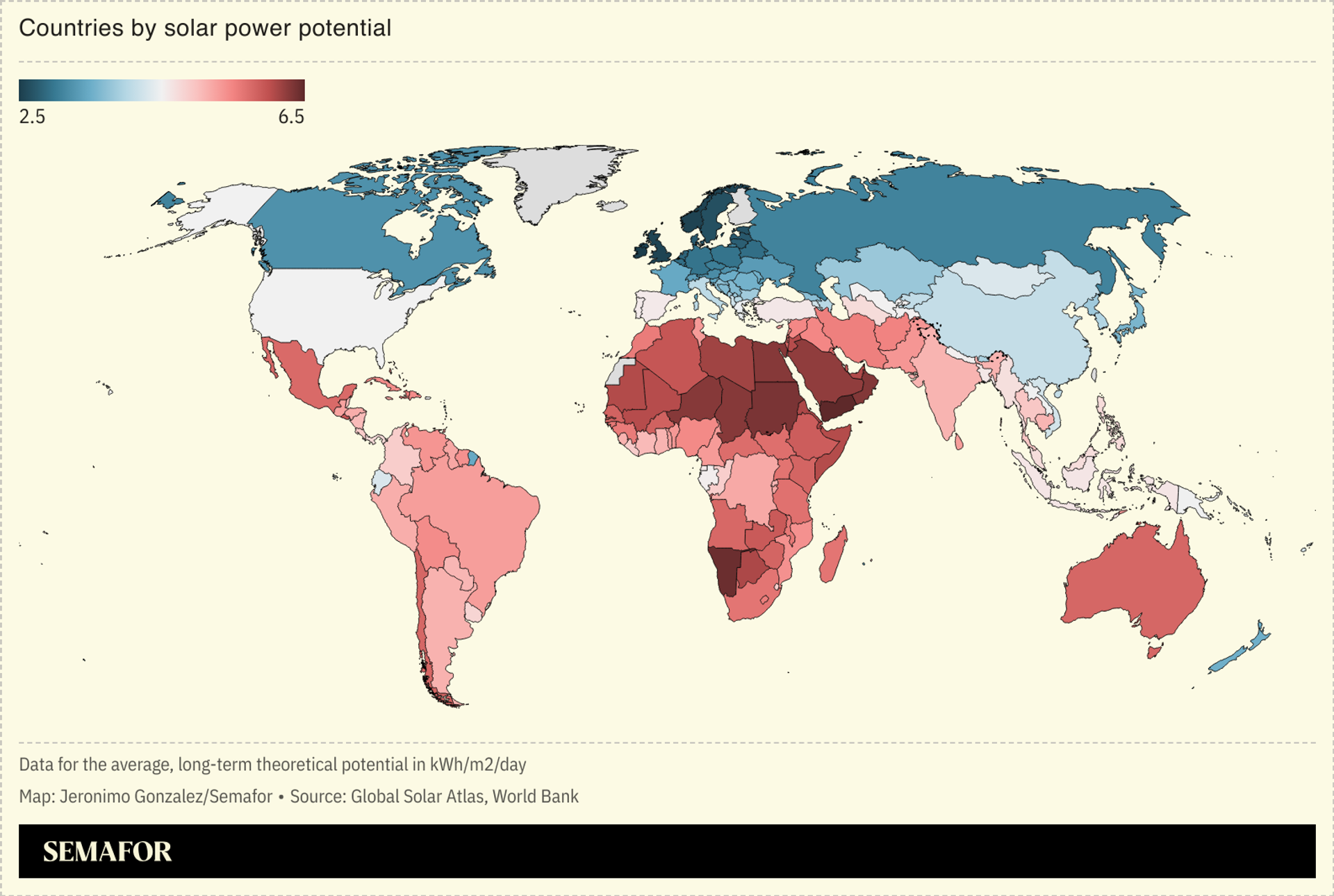 A world map showing countries by solar power potential.