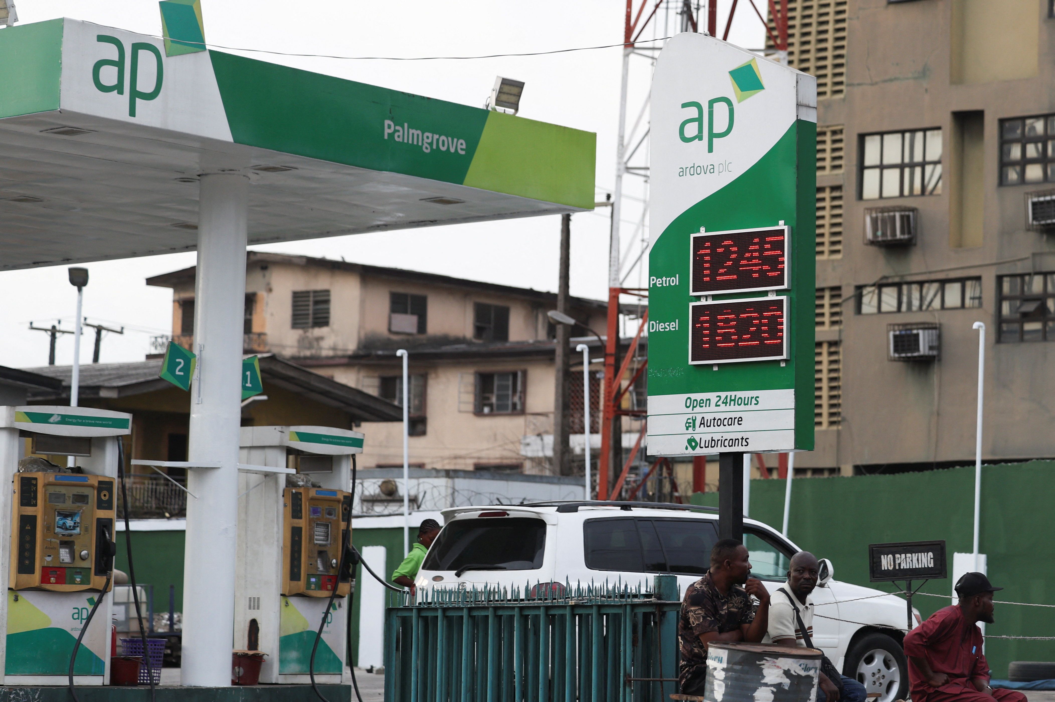 A gas station in Lagos showing fuel prices. 