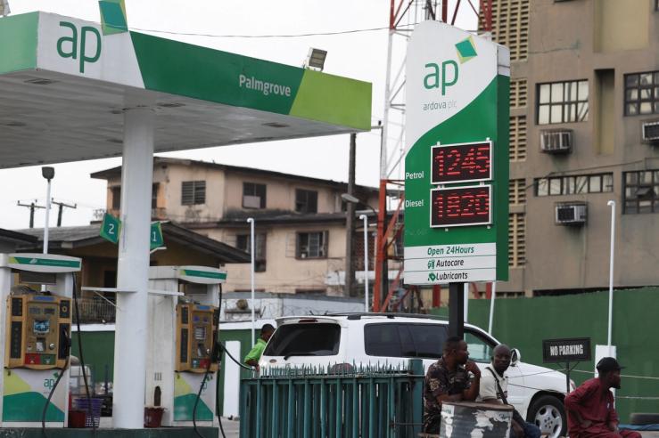 A gas station in Lagos showing fuel prices.