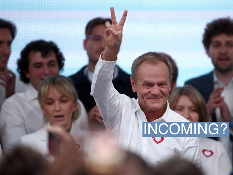Donald Tusk, leader of the largest opposition grouping Civic Coalition (KO), gestures after the exit poll results are announced in Warsaw, Poland, October 15, 2023. REUTERS/Kacper Pempel