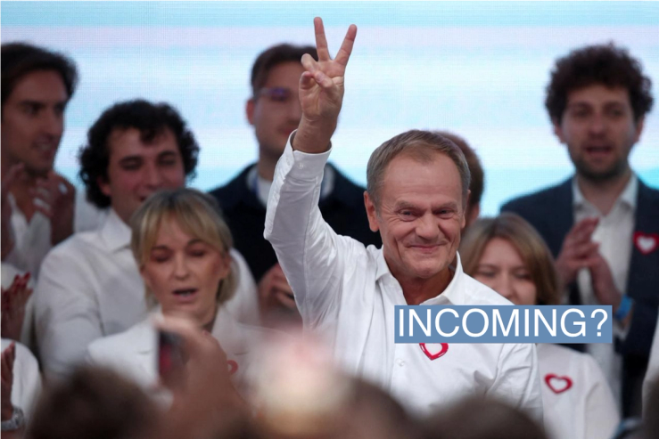 Donald Tusk, leader of the largest opposition grouping Civic Coalition (KO), gestures after the exit poll results are announced in Warsaw, Poland, October 15, 2023. REUTERS/Kacper Pempel