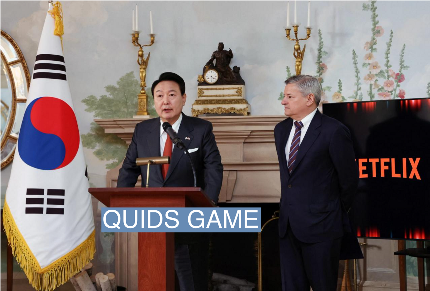 South Korean President Yoon Suk Yeol speaks next to Netflix co-CEO Ted Sarandos during a news conference in Washington, U.S., April 25, 2023. Yonhap via REUTERS