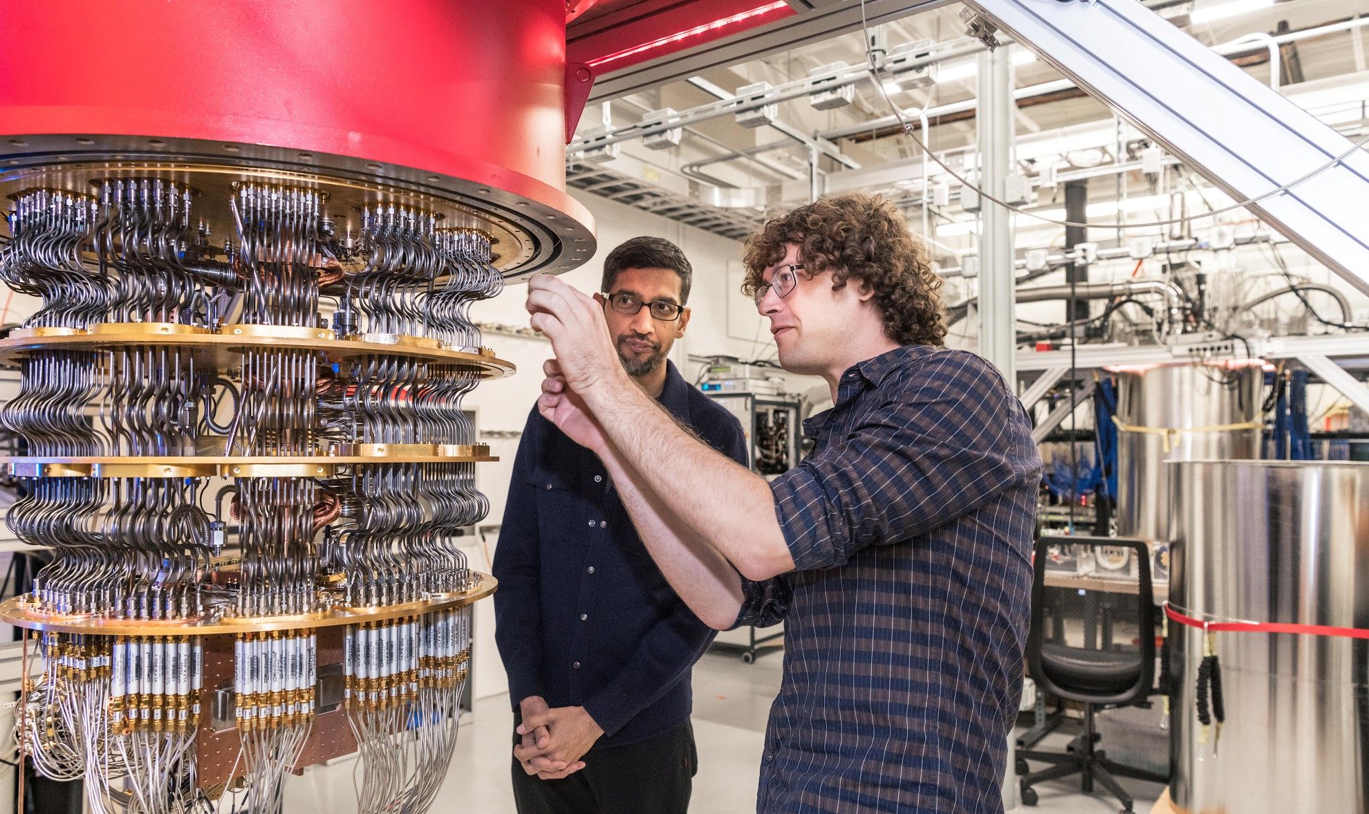Sundar Pichai and Daniel Sank (R) with one of Google’s Quantum Computers in Santa Barbara. 