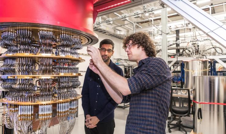 Sundar Pichai and Daniel Sank (R) with one of Google’s Quantum Computers in Santa Barbara.